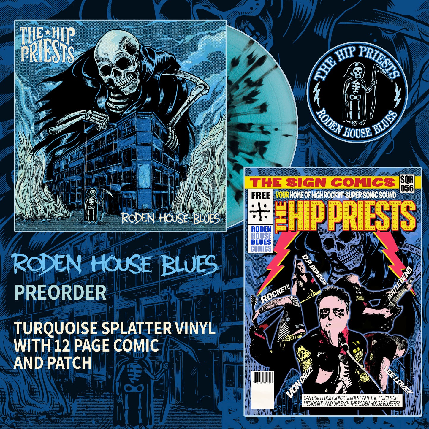 *BUNDLE* The Hip Priests - Roden House Blues (Turquoise Splatter Vinyl + Comic + Patch) *BUNDLE*